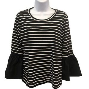 Anthropologie Womens Black white striped Ruffle Bell Sleeve Top Tunic Tee size M